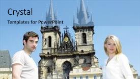  Presentation with old church building - Theme consisting of couple in prague tynsky church background and a light blue colored foreground