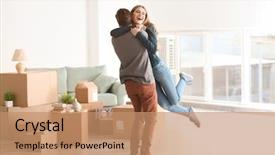  Presentation with young happy couple - Slides with couple in room with moving background and a coral colored foreground