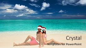  Presentation with maldives - PPT theme enhanced with couple in santa's hat on a tropical beach at maldives background and a lemonade colored foreground