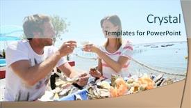  Presentation with seafood - Colorful presentation design enhanced with couple in seafood restaurant tasting backdrop and a cool aqua colored foreground