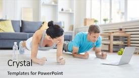  Presentation with sportswear - PPT theme consisting of couple in sportswear doing plank background and a light gray colored foreground
