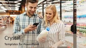  Presentation with shopping cart or supermarket trolley - Presentation theme enhanced with couple in supermarket reading shopping background and a mint green colored foreground