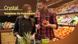 Presentation with supermarket trolley - Beautiful slide set featuring couple in supermarket with shopping backdrop and a tawny brown colored foreground