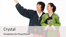  Presentation with korean - PPT theme enhanced with couple in traditional korean dress background and a  colored foreground