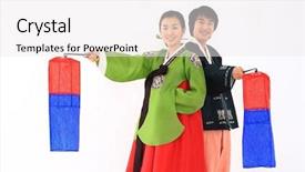 Presentation with hanbok the traditional korean dress - PPT theme having couple in traditional korean dress background and a  colored foreground