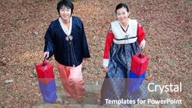  Presentation with korean - Beautiful PPT theme featuring couple in traditional korean dress backdrop and a  colored foreground
