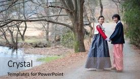  Presentation with korea - Cool new slide set with couple in traditional korean dress backdrop and a mint green colored foreground