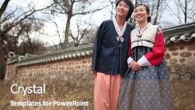  Presentation with korean - Presentation design enhanced with couple in traditional korean dress background and a coral colored foreground