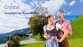  Presentation with meadow - Theme consisting of couple in traditional tracht standing on meadow in alp mountains background and a light blue colored foreground