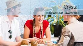  Presentation with travel agency - Colorful slide deck enhanced with couple in travel agency booking backdrop and a light blue colored foreground