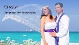  Presentation with beach wedding - Presentation featuring couple in wedding day on beach sea with wind on veil background and a light blue colored foreground