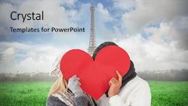  Presentation with eiffel tower - Presentation having couple in winter fashion posing with heart shape against eiffel tower background and a light blue colored foreground