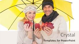  Presentation with under umbrella - Audience pleasing presentation theme consisting of couple in winter fashion showing autumn leaves under umbrella on white background backdrop and a soft green colored foreground