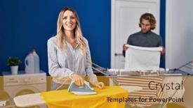  Presentation with laundry room - PPT theme enhanced with couple-ironing-clothes-at-laundry background and a gold colored foreground