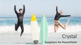  Presentation with next - Amazing PPT theme having couple jumping next to surfboard backdrop and a sky blue colored foreground