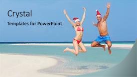  Presentation with santa - Slide set having couple jumping on beach wearing background and a light blue colored foreground