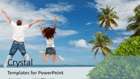  Presentation with tropical - Presentation theme enhanced with couple jumping on the tropical background and a light blue colored foreground