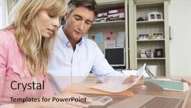  Presentation with home office - Beautiful PPT theme featuring couple looking at finances in home office together backdrop and a coral colored foreground