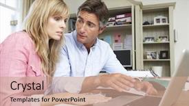  Presentation with home office - Slide set with couple looking at finances in home office together background and a coral colored foreground