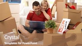  Presentation with computer - PPT theme featuring couple looking at laptop computer background and a coral colored foreground