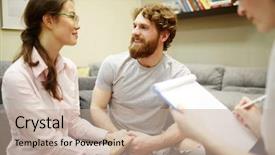  Presentation with young happy couple - Amazing presentation design having couple looking at one another backdrop and a coral colored foreground