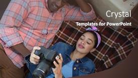  Presentation with summer camp pictures - Cool new PPT theme with couple-looking-at-pictures backdrop and a tawny brown colored foreground