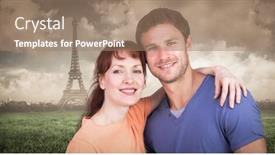  Presentation with paris - Audience pleasing slides consisting of couple looking at the camera against paris under cloudy sky backdrop and a coral colored foreground