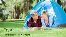  Presentation with campsite - Beautiful slide set featuring couple looking each other at campsite backdrop and a mint green colored foreground