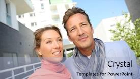  Presentation with apartment - Audience pleasing slide deck consisting of couple looking for new apartment backdrop and a light blue colored foreground