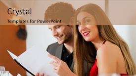  Presentation with restaurant menu - PPT theme with couple-looking-into-menu background and a coral colored foreground