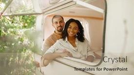  Presentation with camping - Audience pleasing slide deck consisting of couple-looks-out-of-rv backdrop and a mint green colored foreground