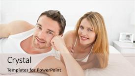  Presentation with bed - PPT layouts consisting of couple lying down together in their bed at home background and a coral colored foreground