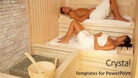  Presentation with textile terry towel - Colorful PPT theme enhanced with couple lying in sauna wearing backdrop and a yellow colored foreground