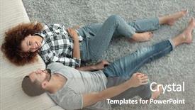  Presentation with transportation brand new cars - Audience pleasing PPT theme consisting of couple lying on a carpet backdrop and a  colored foreground