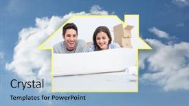  Presentation with floor plan - Colorful PPT layouts enhanced with couple lying on the floor and holding a house plan against cloudy sky backdrop and a light blue colored foreground