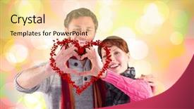  Presentation with pink girly - Colorful slide deck enhanced with couple making a heart shape against girly pink and yellow pattern backdrop and a blonde colored foreground