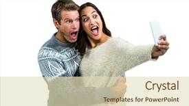 Presentation with selfie - Audience pleasing presentation theme consisting of couple making face while taking backdrop and a soft green colored foreground