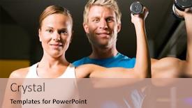  Presentation with female - Colorful theme enhanced with couple male female lifting dumbbells in a gym selective focus on face of the woman backdrop and a coral colored foreground