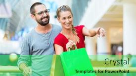  Presentation with mall - Presentation theme enhanced with couple man and woman in modern shopping mall with bag background and a seafoam green colored foreground
