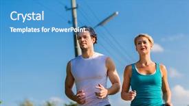  Presentation with trainer - PPT theme with couple man and woman or trainer doing jogging or outdoor running sport for fitness on rural street background and a teal colored foreground
