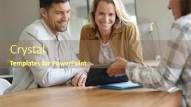  Presentation with real estate prices - Slide deck with couple meeting real-estate agent in office background and a tawny brown colored foreground