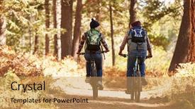  Presentation with biking - Audience pleasing presentation theme consisting of couple mountain biking through forest back view full length backdrop and a yellow colored foreground