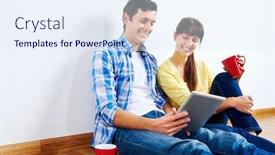  Presentation with wireless internet - Presentation theme enhanced with couple moving in to new home and using wireless internet on tablet computer background and a sky blue colored foreground