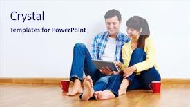  Presentation with wireless internet - Cool new presentation theme with couple moving in to new home and using wireless internet on tablet computer backdrop and a sky blue colored foreground