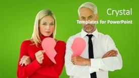  Presentation with broken heart - Presentation with couple not talking holding two halves of broken heart against green vignette background and a tawny brown colored foreground