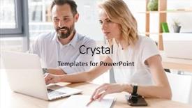  Presentation with working together - PPT theme with couple of busy colleagues working background and a coral colored foreground