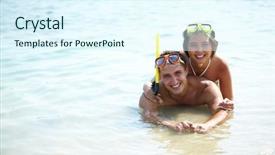  Presentation with divers - PPT theme with couple of divers in scuba masks enjoying themselves in water background and a sky blue colored foreground