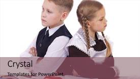  Presentation with elementary - Slide deck with couple of elementary school students sit at a desk isolated on white background and a violet colored foreground