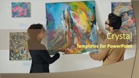  Presentation with art exhibition - Slide deck featuring couple-of-employees-hanging-paintings background and a tawny brown colored foreground