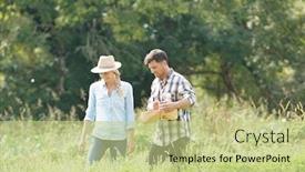  Presentation with agricultural - Cool new PPT theme with couple of farmers walking in agricultural field backdrop and a mint green colored foreground